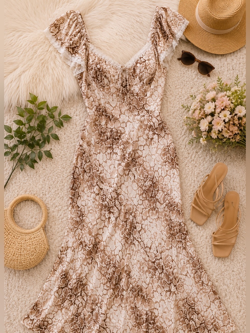 WAYF Lace-Trim Brown Python Dress Size XS NWT